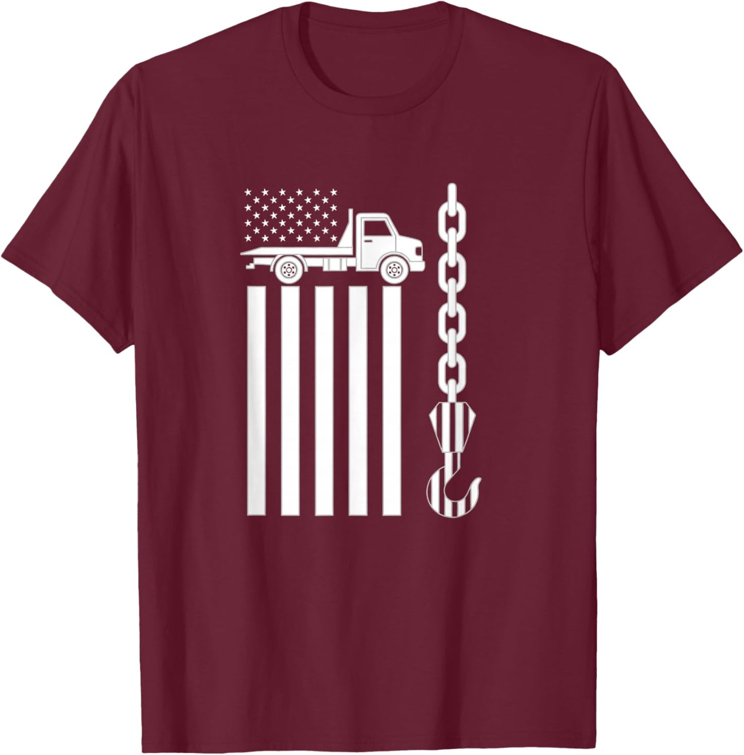 Car Tow Truck American Flag Hook Chain Flatbed Truck Driver T-Shirt - T-Shirt | Maroon