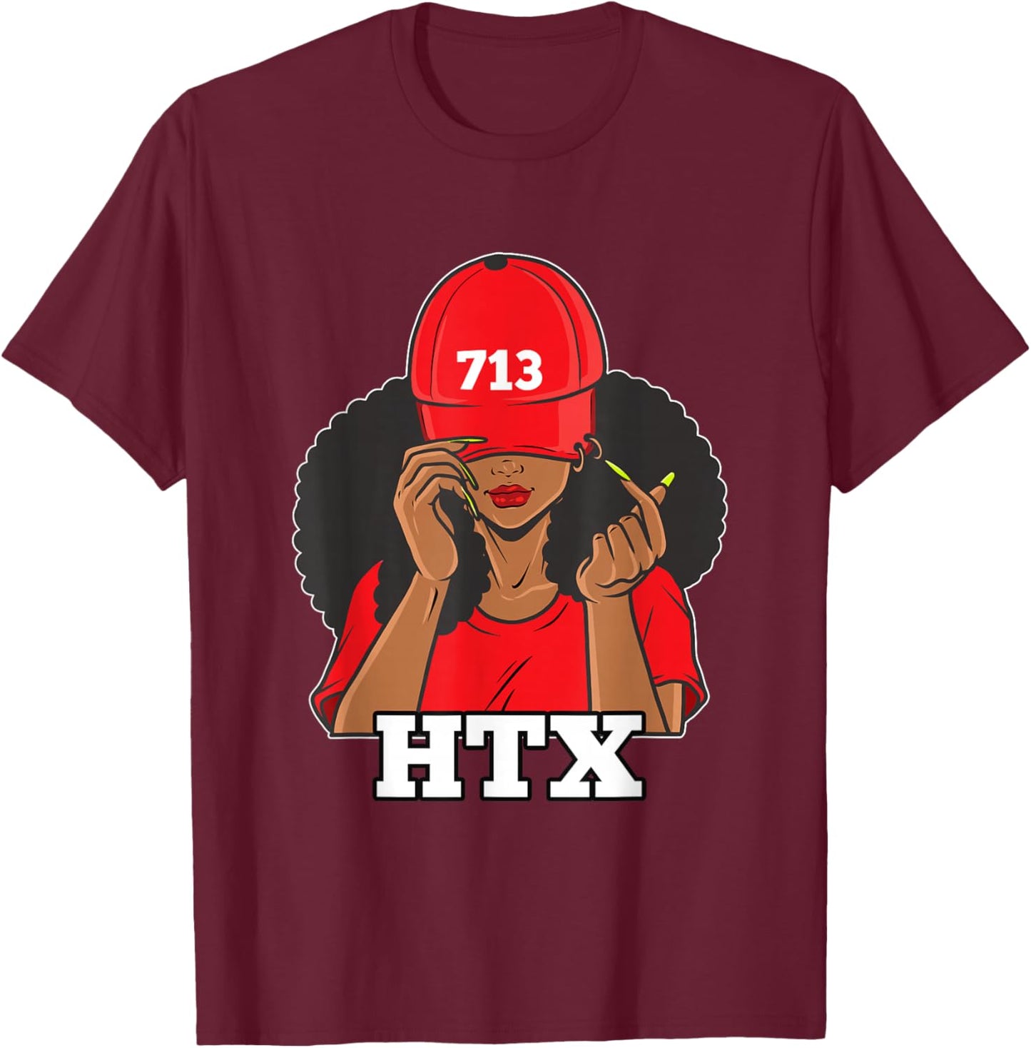 713 Houston Texas Black Woman Afro Puffs T-Shirt - T-Shirt | Maroon