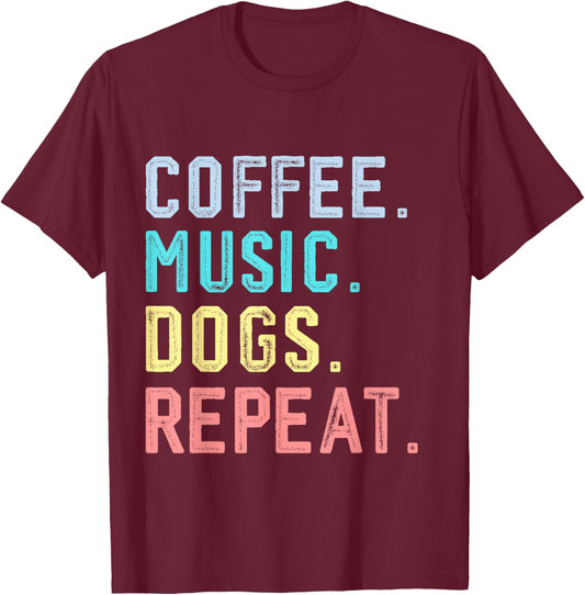 Funny Coffee Music Dogs Cute Dog Coffee Music Teacher T-Shirt - T-Shirt | Maroon