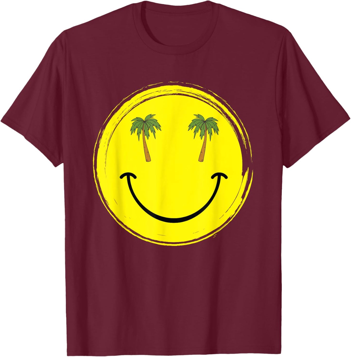 Happy smile face with coconut palm trees for beach lovers T-Shirt - T-Shirt | Maroon