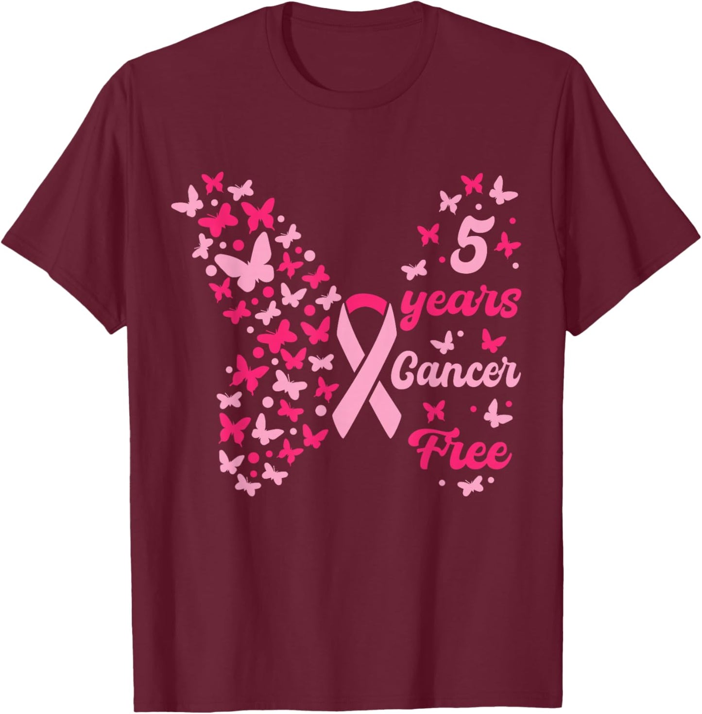 5 Year Cancer Free Breast Cancer Awareness Butterfly Women T-Shirt - T-Shirt | Maroon