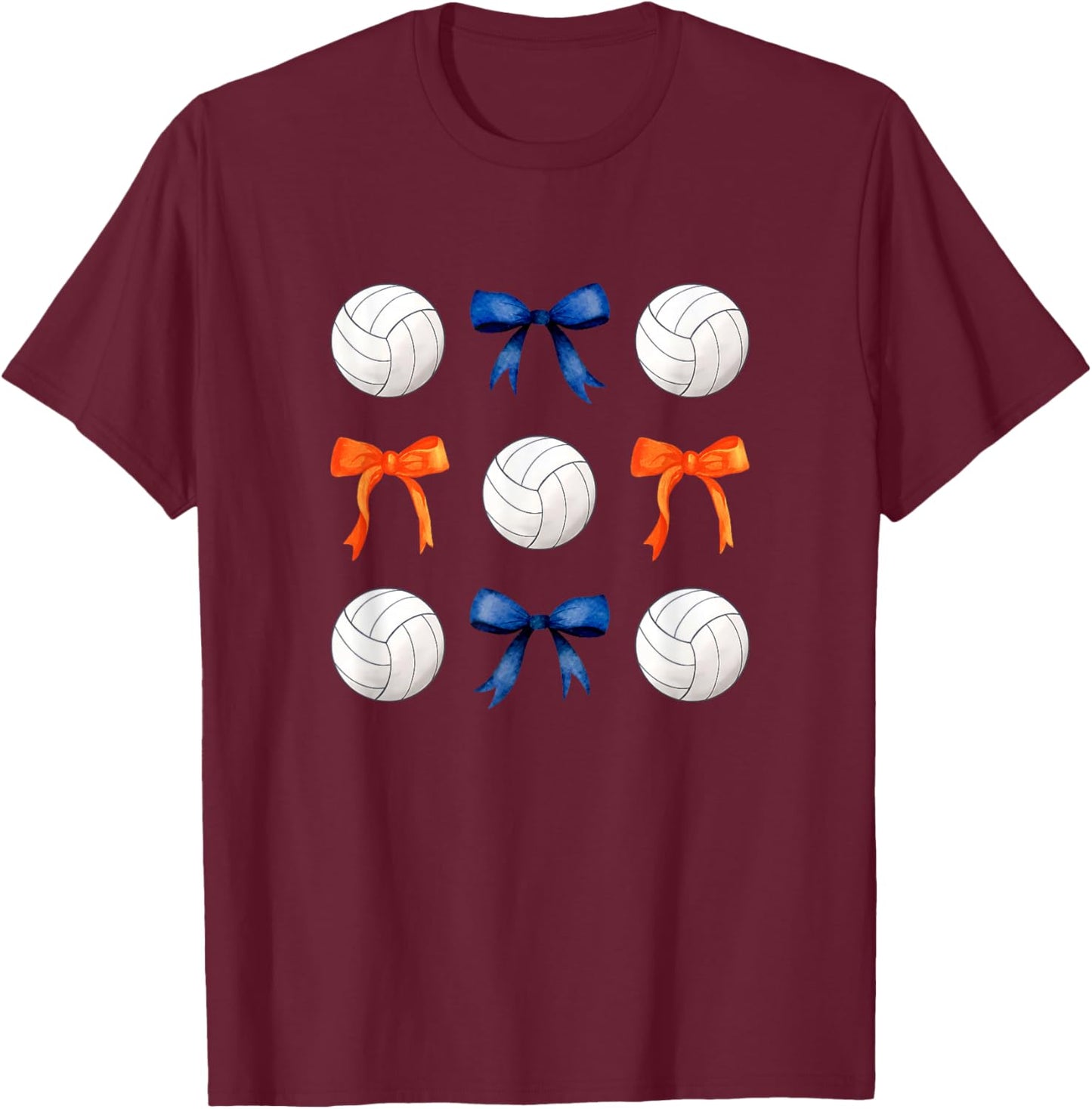 Volleyballs and Orange and Blue Bows Volleyball Team Player T-Shirt - T-Shirt | Maroon