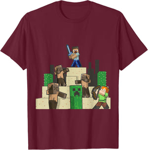 Minecraft Pixelated Desert Battle Steve and Alex vs Zombies T-Shirt - T-Shirt | Maroon