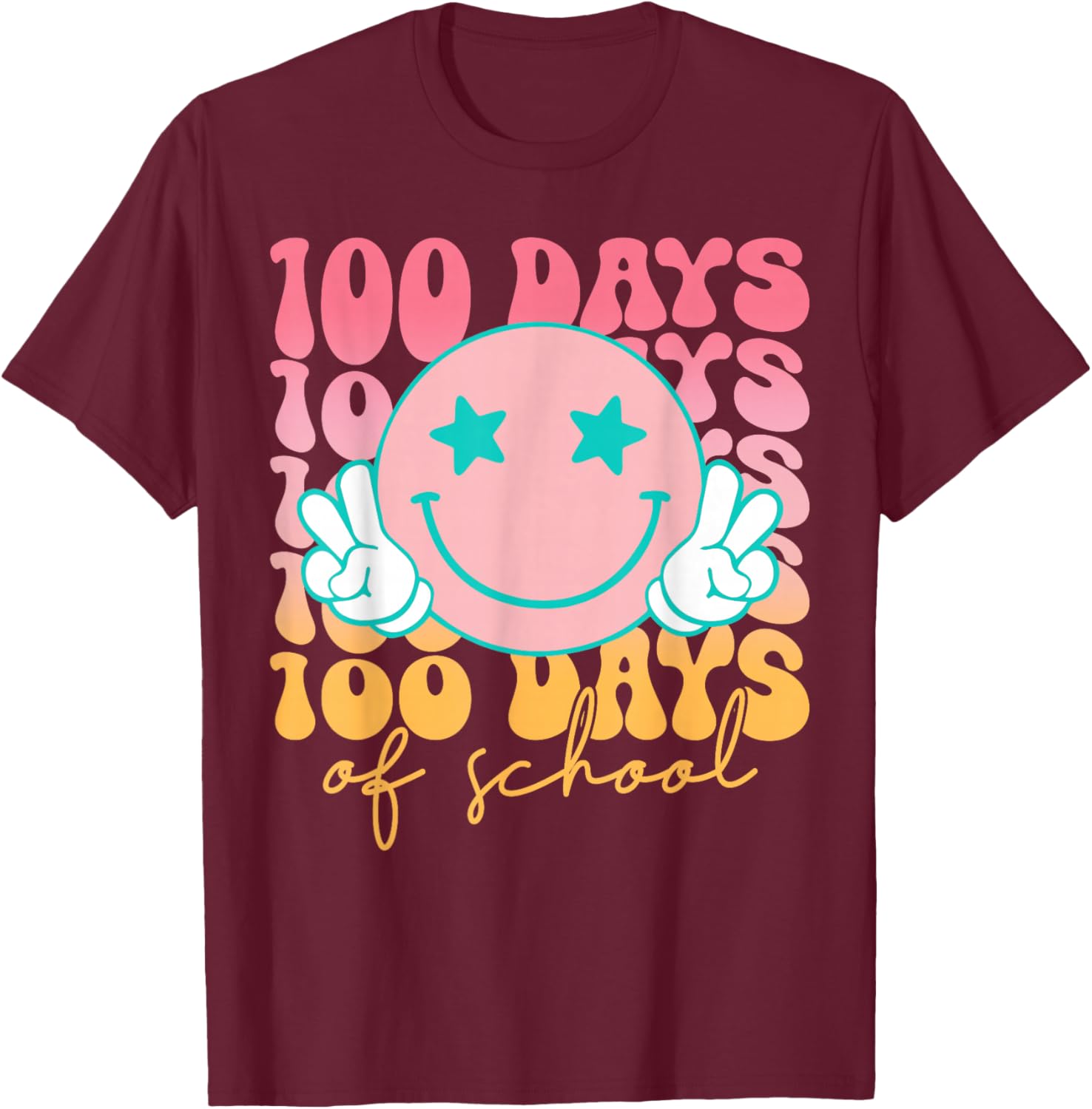 100th Day of School Retro Cute Smile Face 100 Days of School T-Shirt - T-Shirt | Maroon