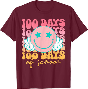 100th Day of School Retro Cute Smile Face 100 Days of School T-Shirt - T-Shirt | Maroon