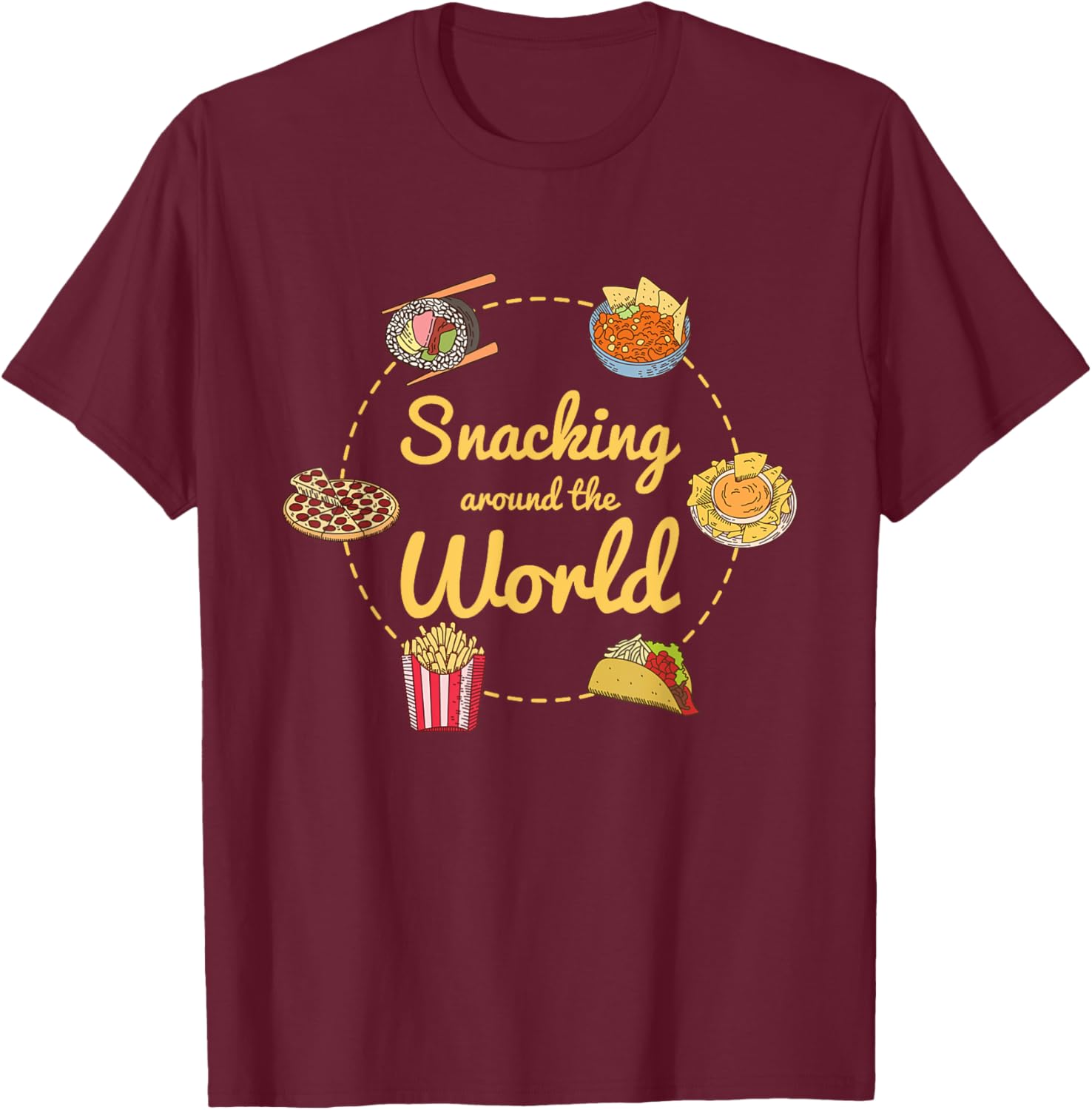 International Travel Cuisine - Snacking Around The World T-Shirt - T-Shirt | Maroon