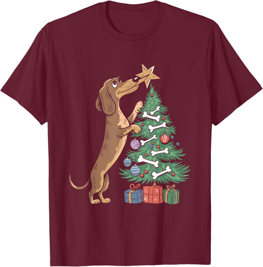 Dachshund Dog Christmas Tree Puppy Lover X-mas Holiday T-Shirt - T-Shirt | Maroon