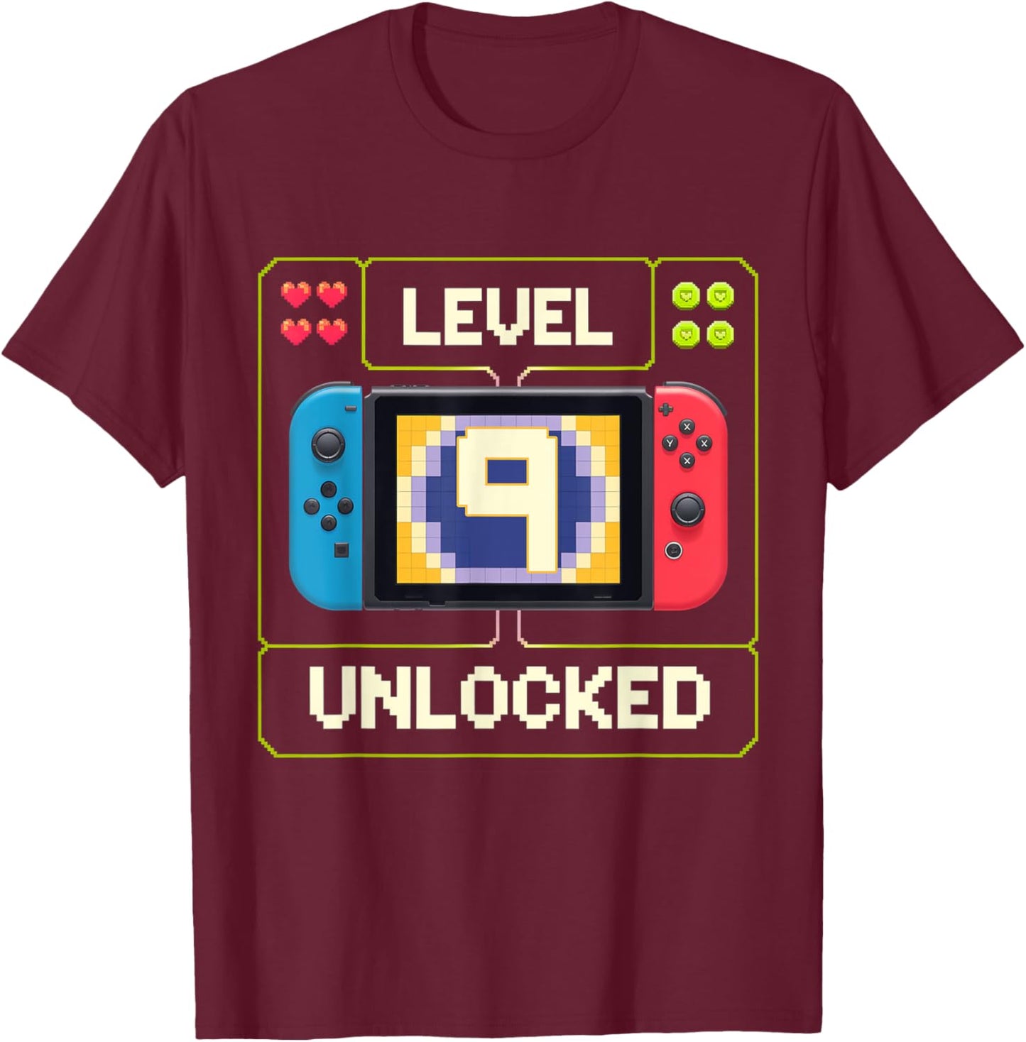 Level 9 Unlocked 9th Birthday Shirt Video Game 9 Year Old T-Shirt - T-Shirt | Maroon