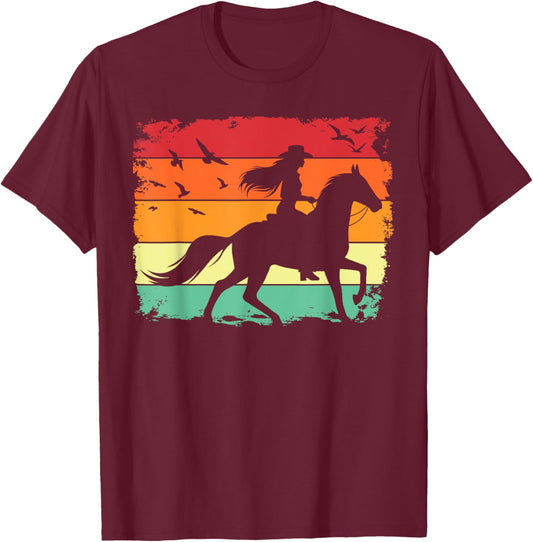 Western Cowgirl Halter Horse Retro Sunset Vintage Style T-Shirt - T-Shirt | Maroon