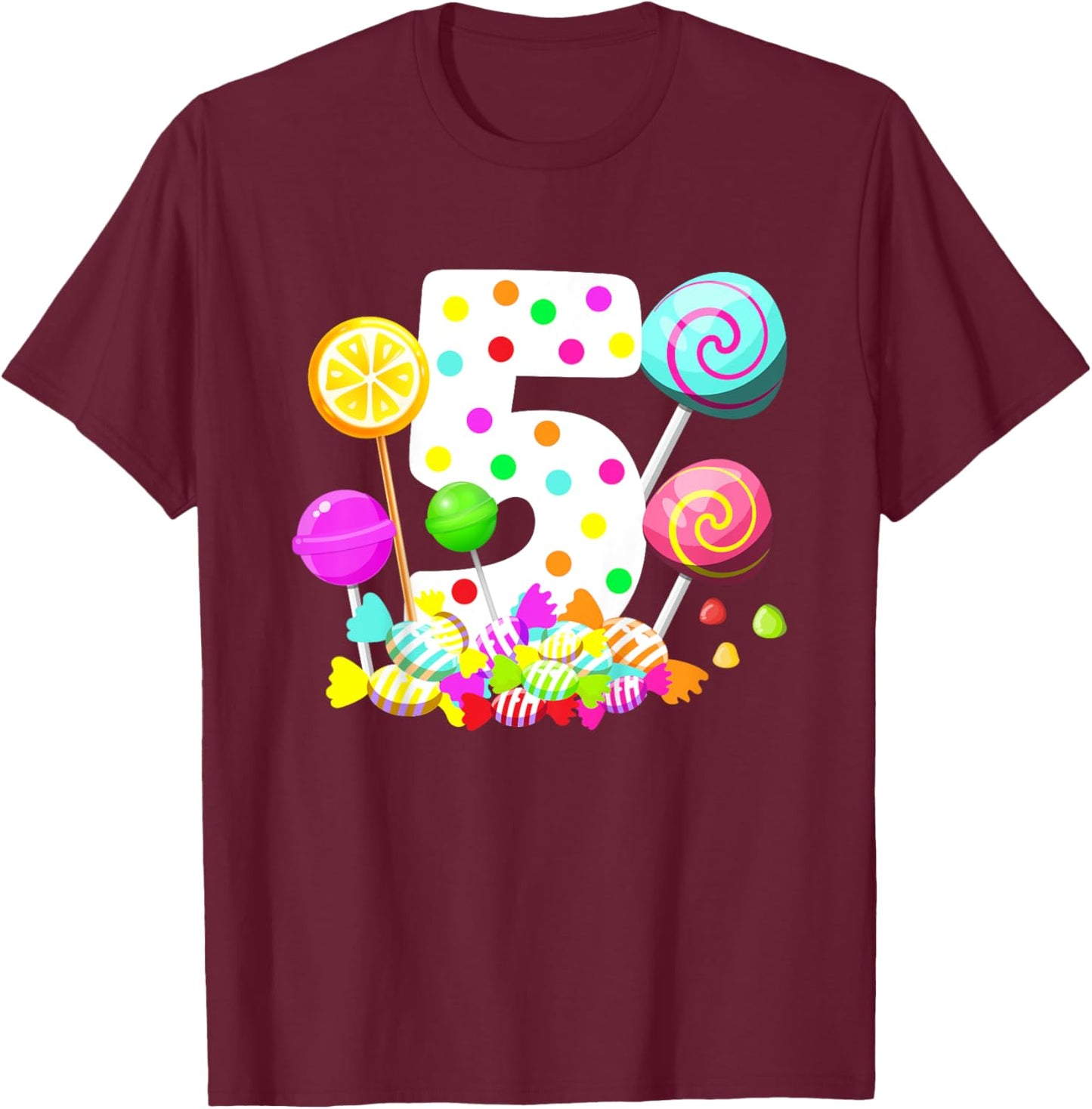 Kids 5th Candy Birthday Party Five Year Old Girl Candy T-Shirt - T-Shirt | Maroon