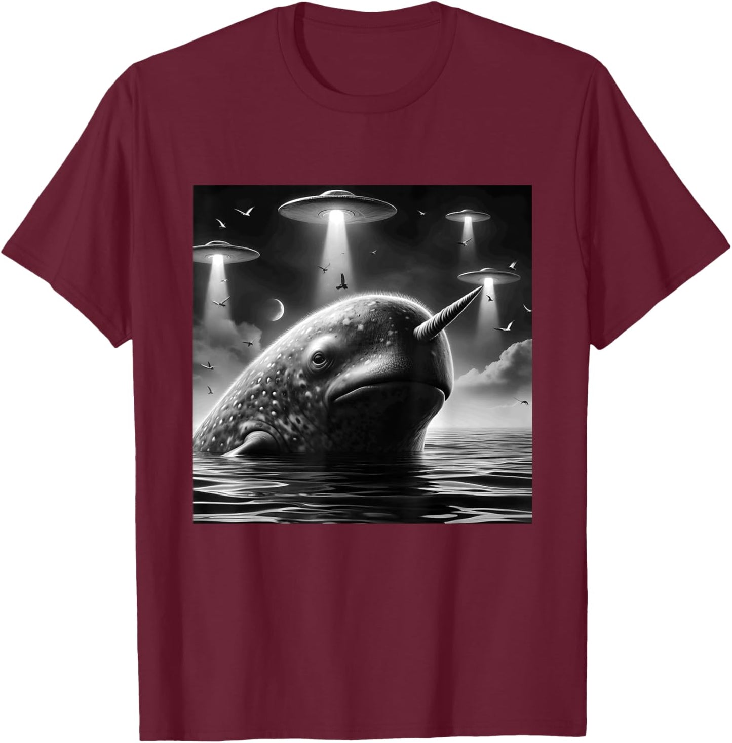 Narwhal Funny Graphic Selfie with UFOs Weird Aliens T-Shirt - T-Shirt | Maroon
