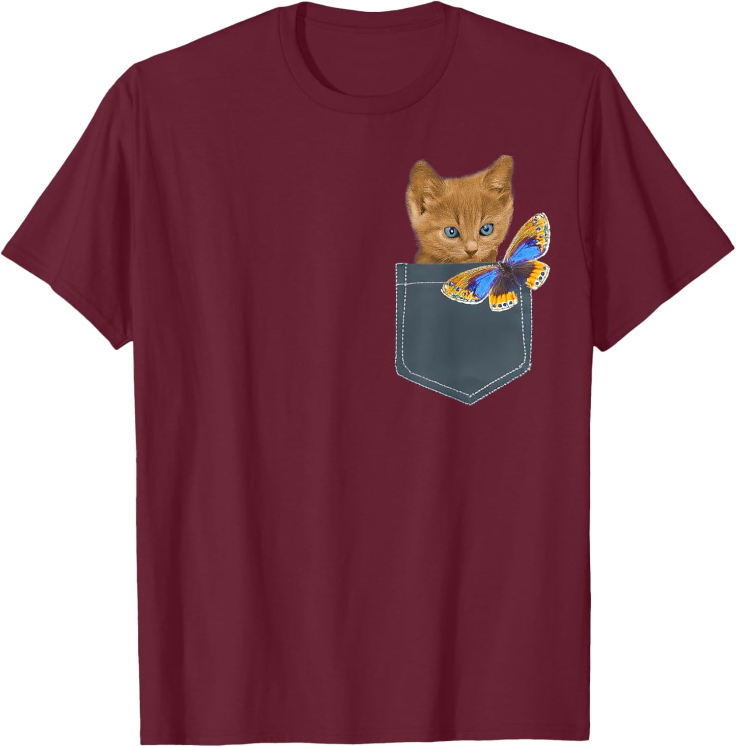 Funny Cat Shirt - Cat in Pocket Looking at a Butterfly Women Girls Kids T-Shirt - T-Shirt | Maroon