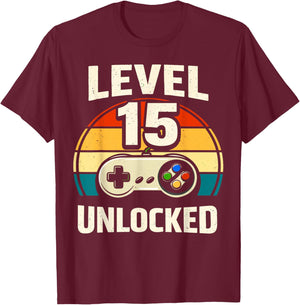 15th Birthday Level 15 Unlocked Gamer Gaming 15 Birthday T-Shirt - T-Shirt | Maroon