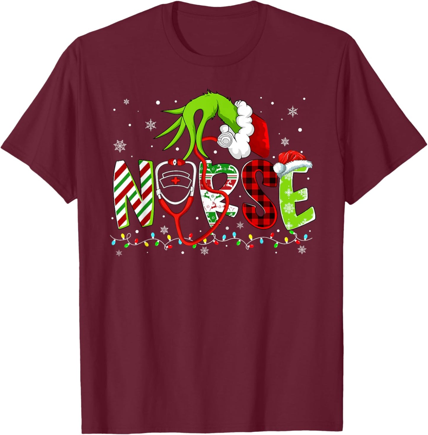 Nurse Funny Merry Christmas Stethoscope Lights Xmas Pajamas T-Shirt - T-Shirt | Maroon