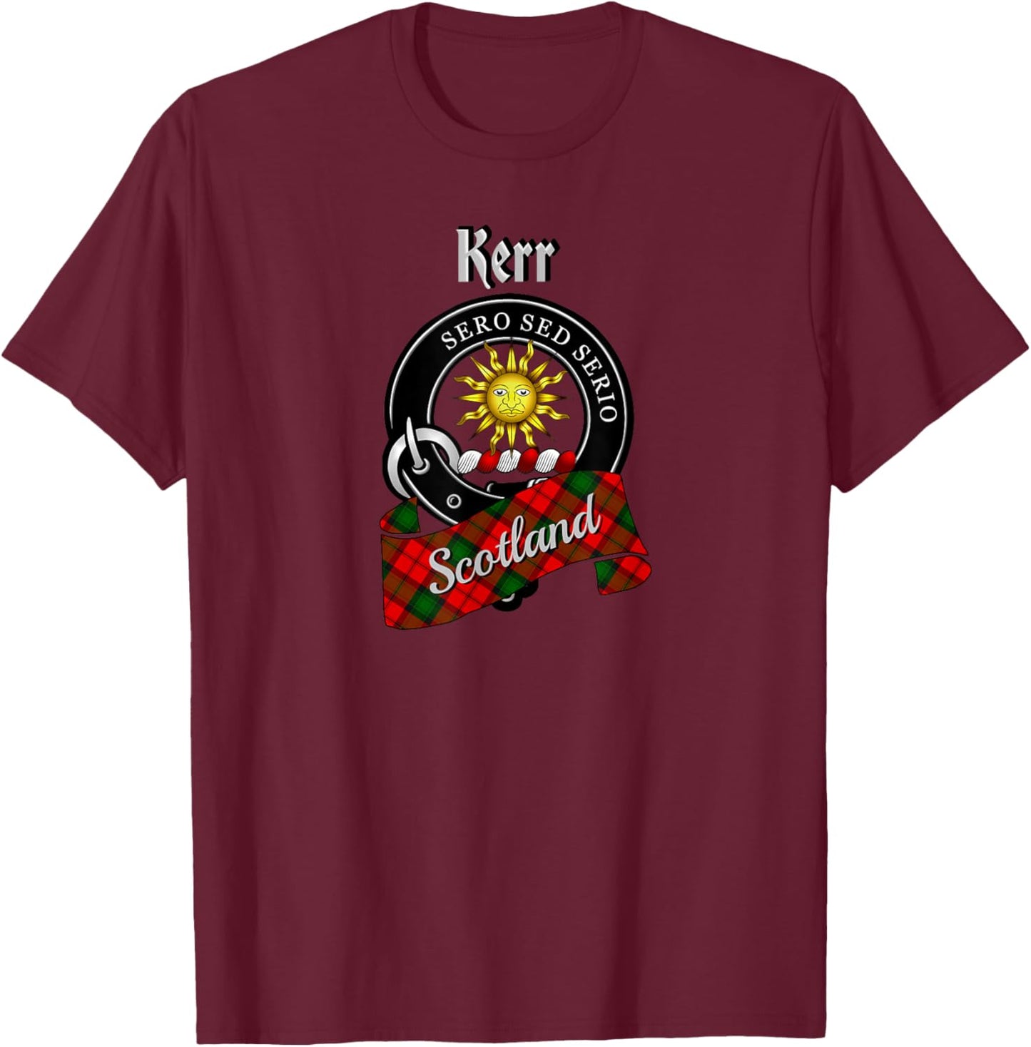 Kerr Scottish Clan Badge & Tartan T-Shirt - T-Shirt | Maroon
