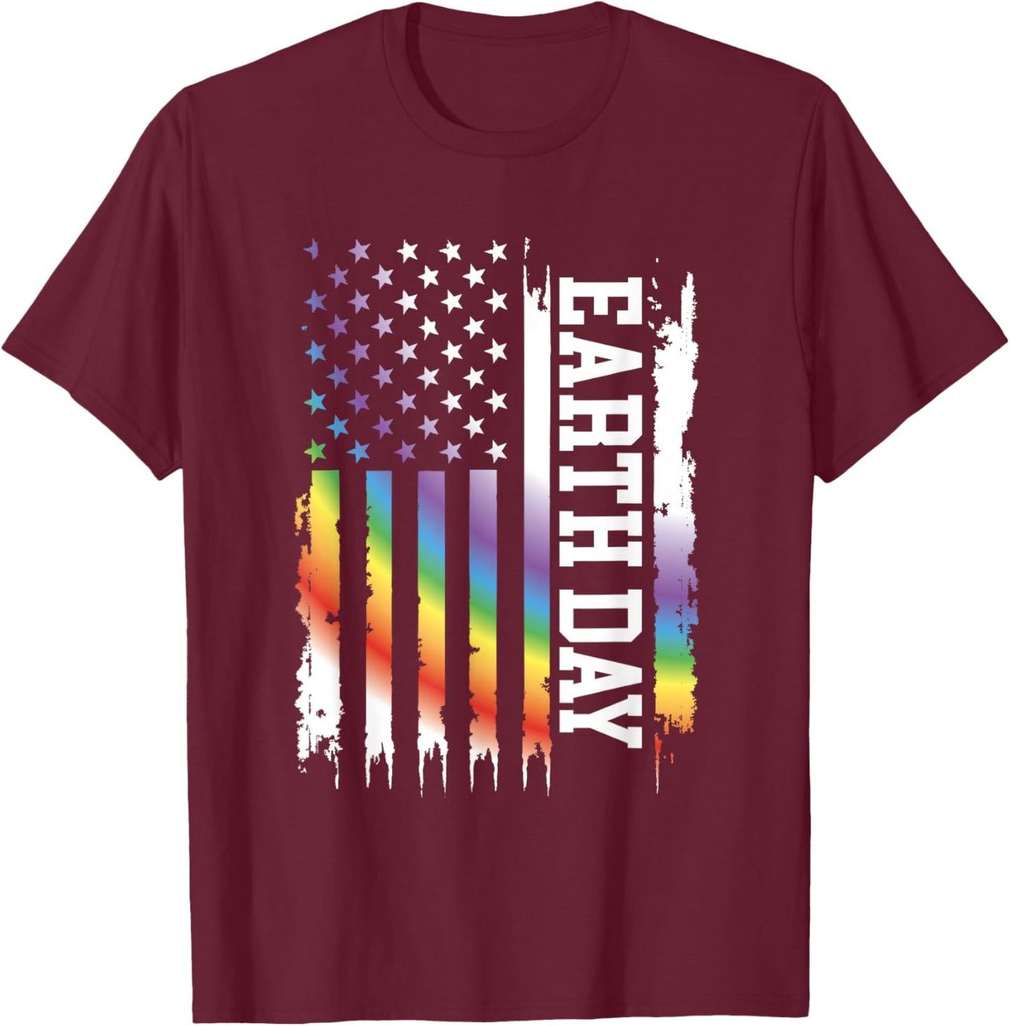 Earth Day United States Distressed Rainbow w US Flag T-Shirt - T-Shirt | Maroon