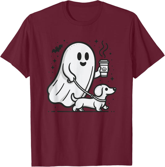 Funny Dachshund Ghost Halloween Spooky Season Weenie Dog T-Shirt - T-Shirt | Maroon
