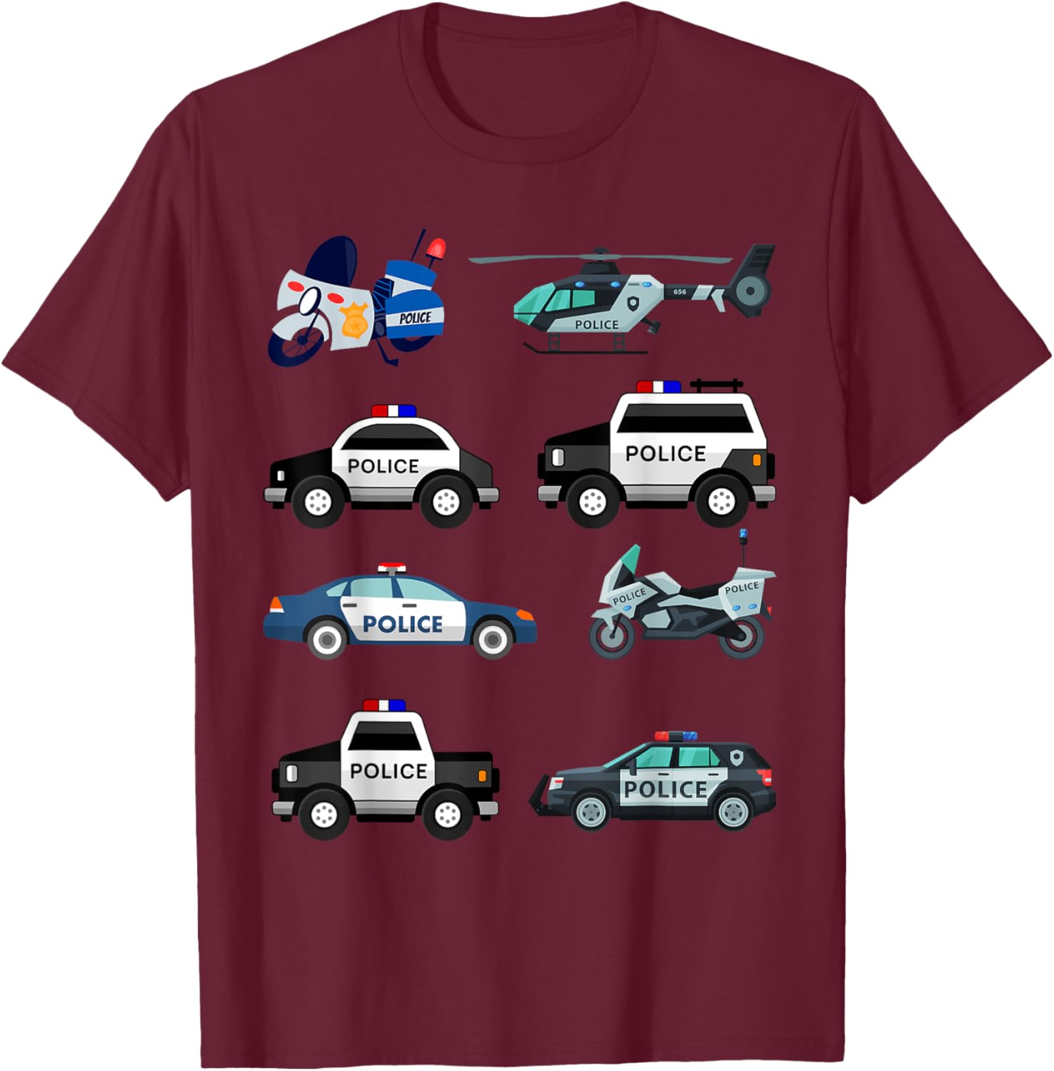 Police Vehicles for Kids Men Women Cop Cars Boys Toddler T-Shirt - T-Shirt | Maroon