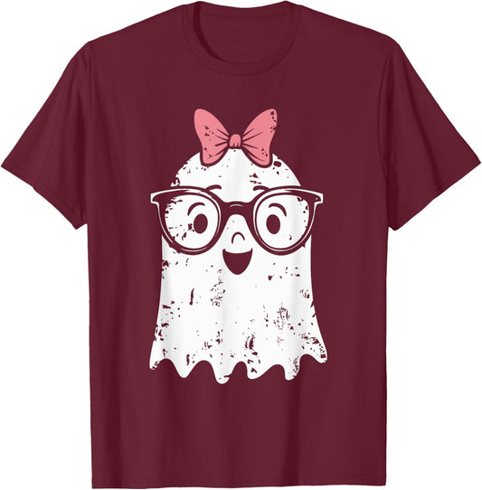 Ghost Eyeglass Girl Halloween Girly Ghost T-Shirt - T-Shirt | Maroon