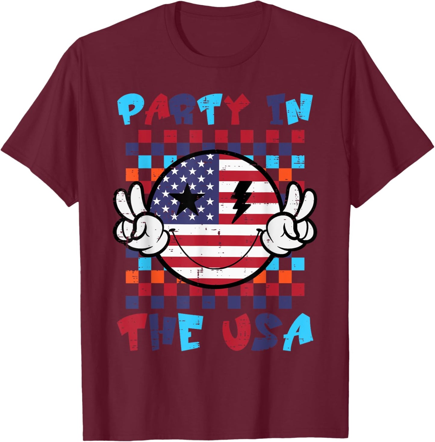 4th July Smile Peace Party USA Retro Patriot Men Women Kids T-Shirt - T-Shirt | Maroon