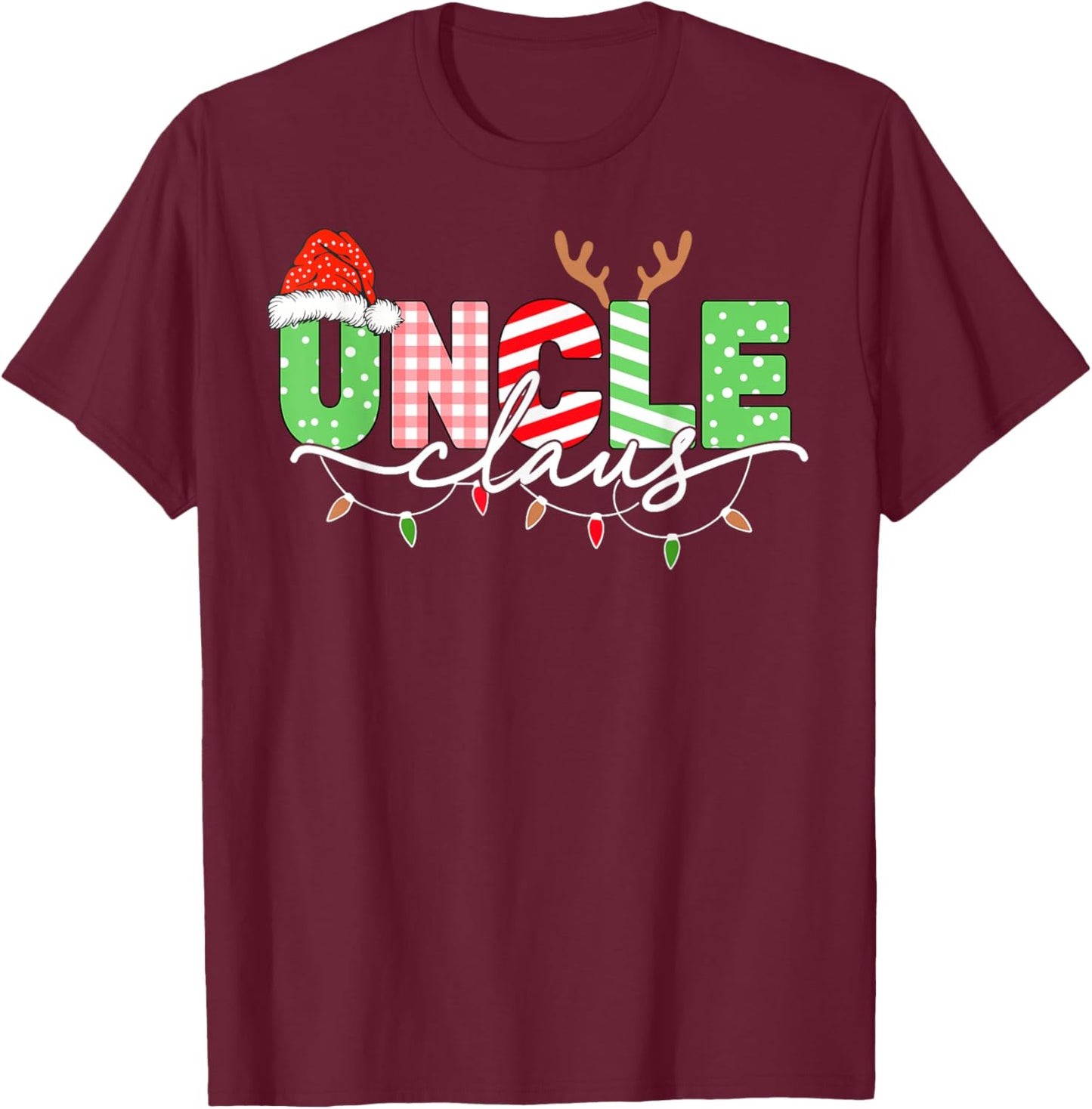 Uncle Claus Christmas Lights Santa Hat Family Matching T-Shirt - T-Shirt | Maroon