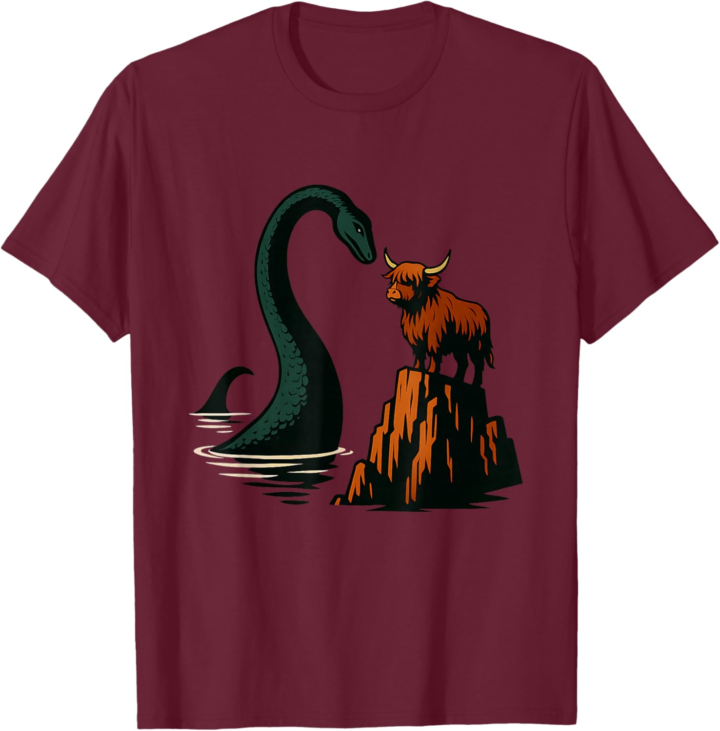 Loch Ness Monster Scotland Viking Ship Highland Cow T-Shirt - T-Shirt | Maroon