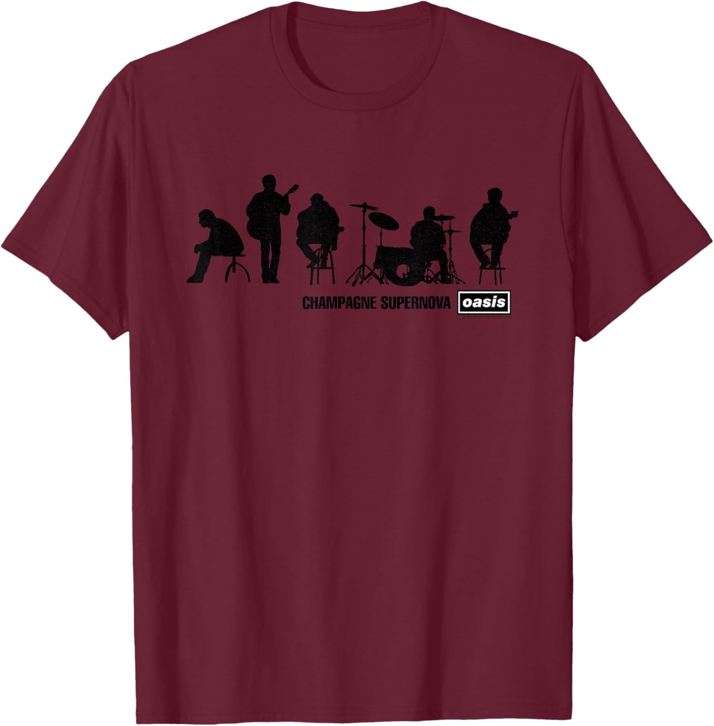 Oasis Band Silhouette on Blue T-Shirt - T-Shirt | Maroon