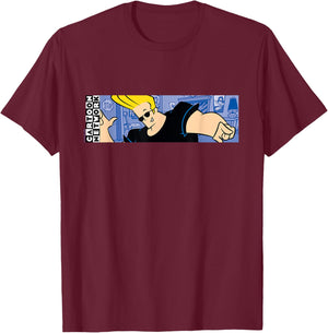Johnny Bravo Panoramic Action Pose Funny Cartoon Network T-Shirt - T-Shirt | Maroon