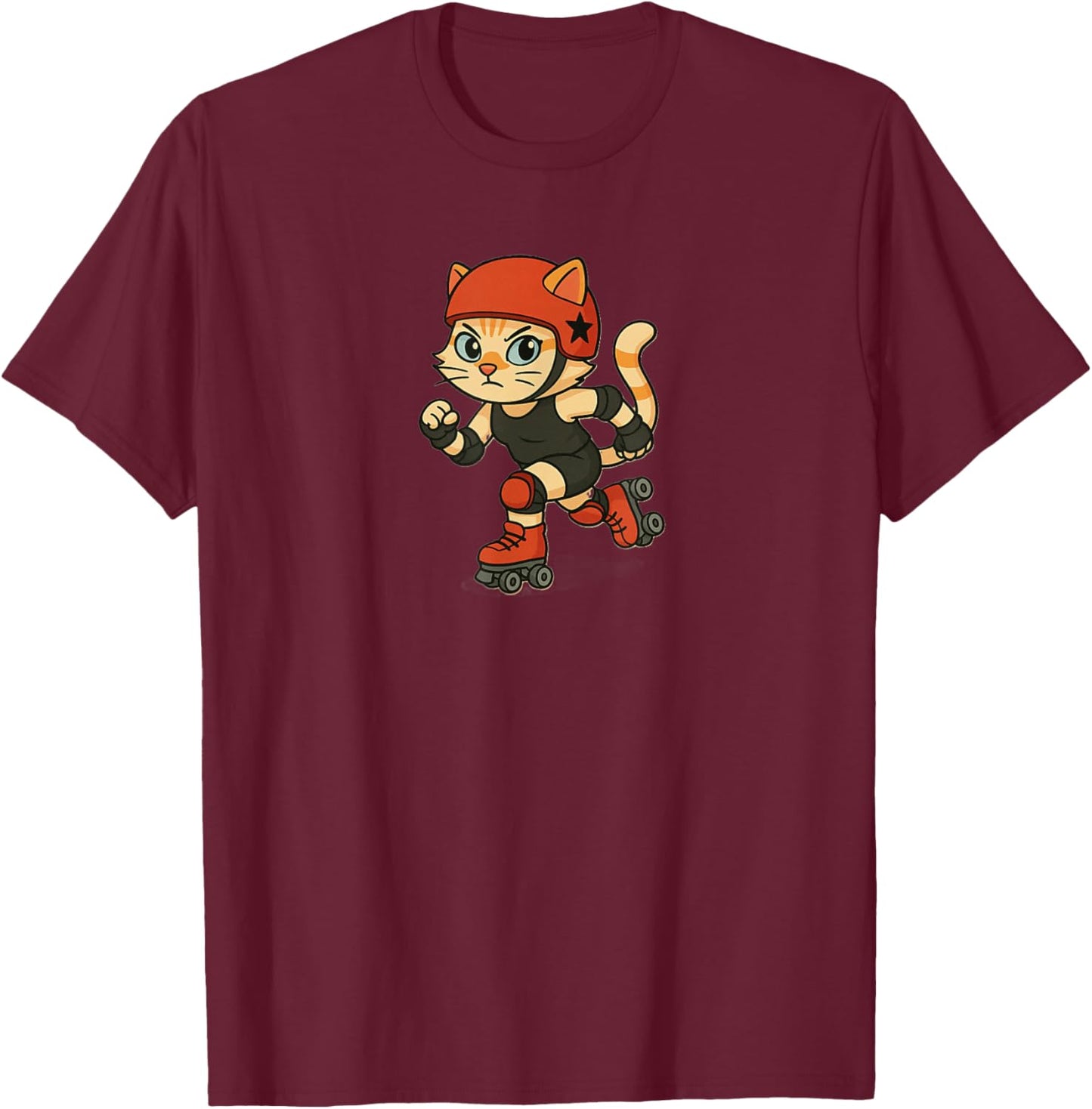Roller Derby Cat | Cute Cartoon Skating Kitty T-Shirt - T-Shirt | Maroon