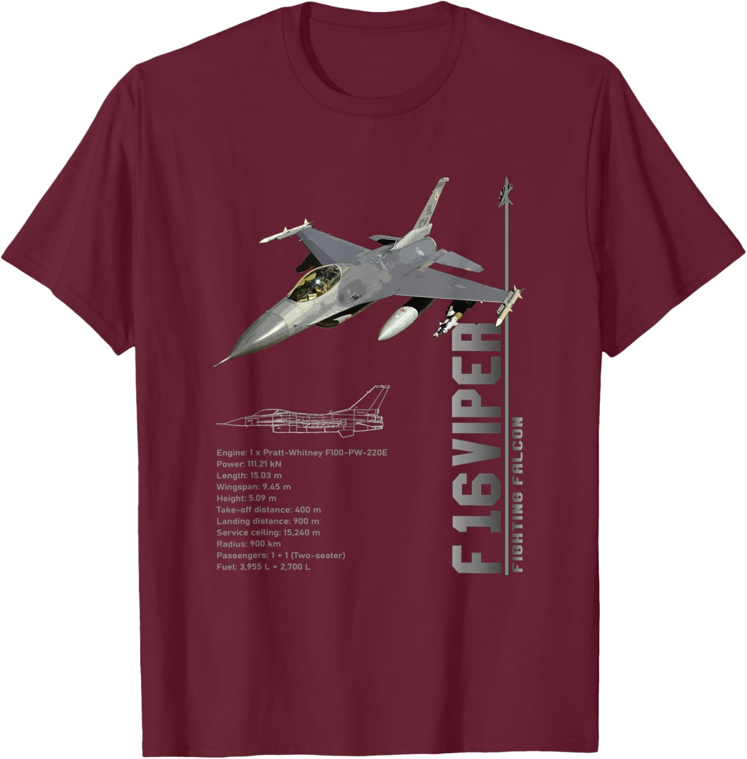 F-16 Viper Fighting Falcon Jet Fighters Spec T-Shirt - T-Shirt | Maroon
