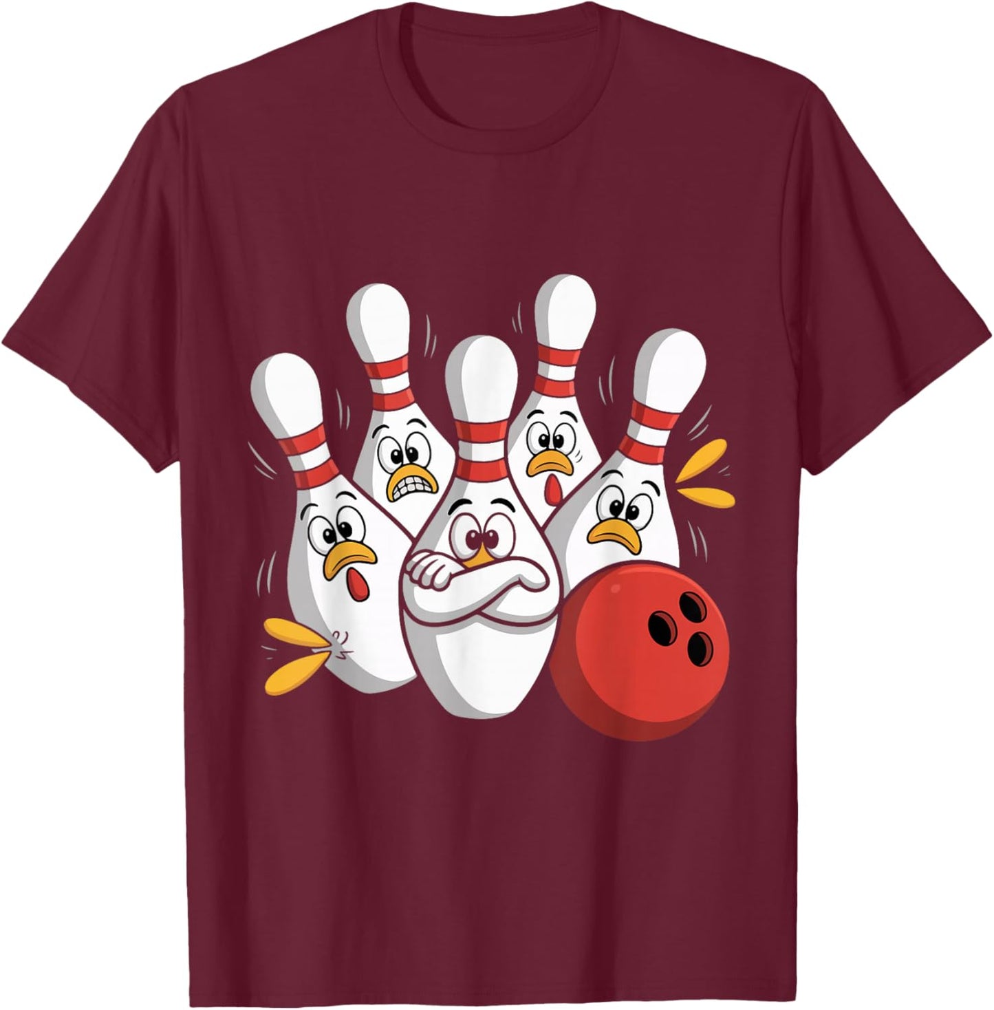 Funny Bowling Pins Characters Scared Strike Lane Ten Pin. T-Shirt - T-Shirt | Maroon