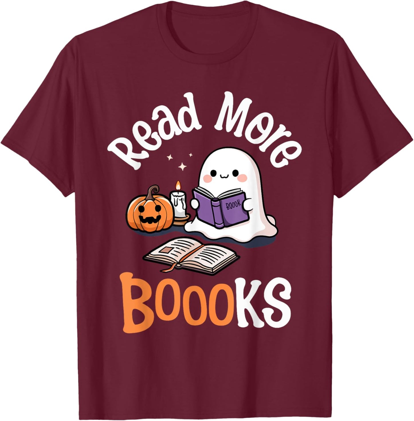 Halloween Ghost Reading Read More Books Librarian Teacher T-Shirt - T-Shirt | Maroon
