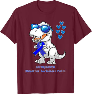T-rex Dinosaur Developmental Disabilities Awareness Month T-Shirt - T-Shirt | Maroon