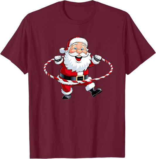 Funny Santa Claus Hula Hooping Exercise Merry Christmas Xmas T-Shirt - T-Shirt | Maroon