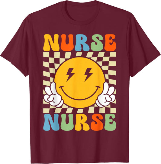 Groovy Nurse Design Men Smile Face Nursing T-Shirt - T-Shirt | Maroon