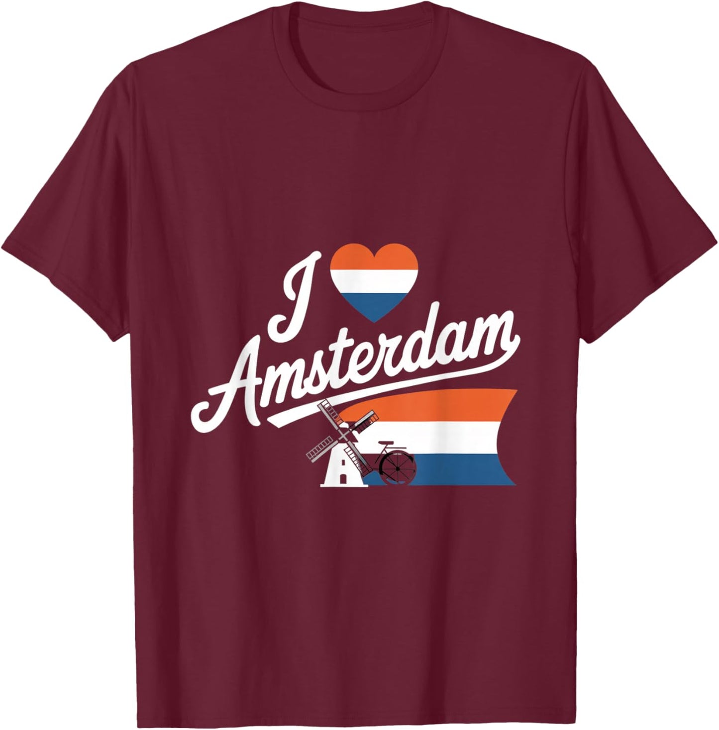 Amsterdam Netherlands Cycling Windmill I Love Amsterdam , Black, S T-Shirt - T-Shirt | Maroon