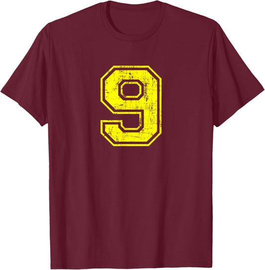 Number 9 Nine Varsity Distressed Vintage Sport Team Player's T-Shirt - T-Shirt | Maroon
