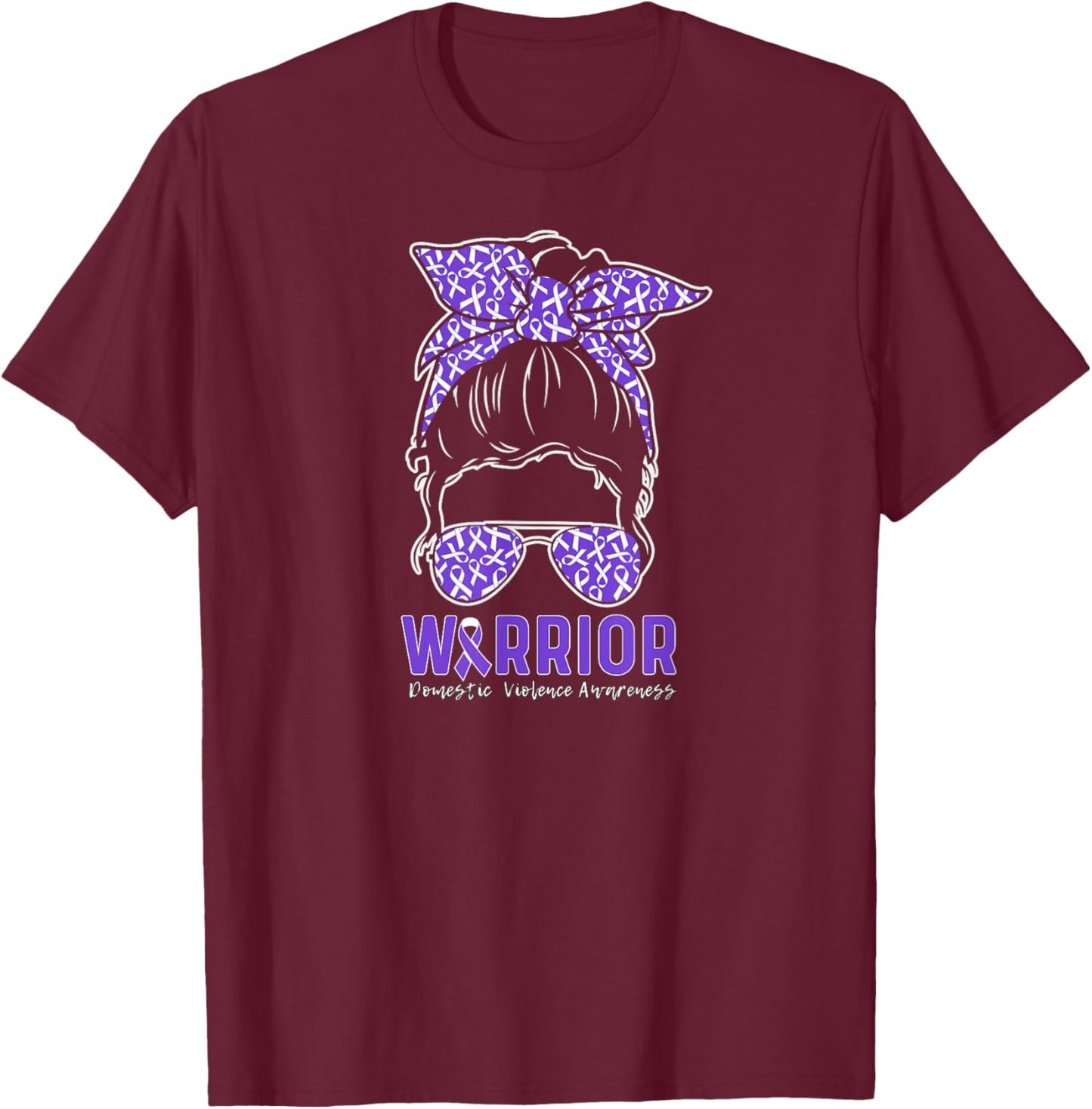 Warrior Messy Bun Women Girls Domestic Violence Awareness T-Shirt - T-Shirt | Maroon