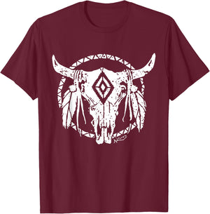 Tribal Bull Skull Western Desert Graphic Art Country Rodeo T-Shirt - T-Shirt | Maroon