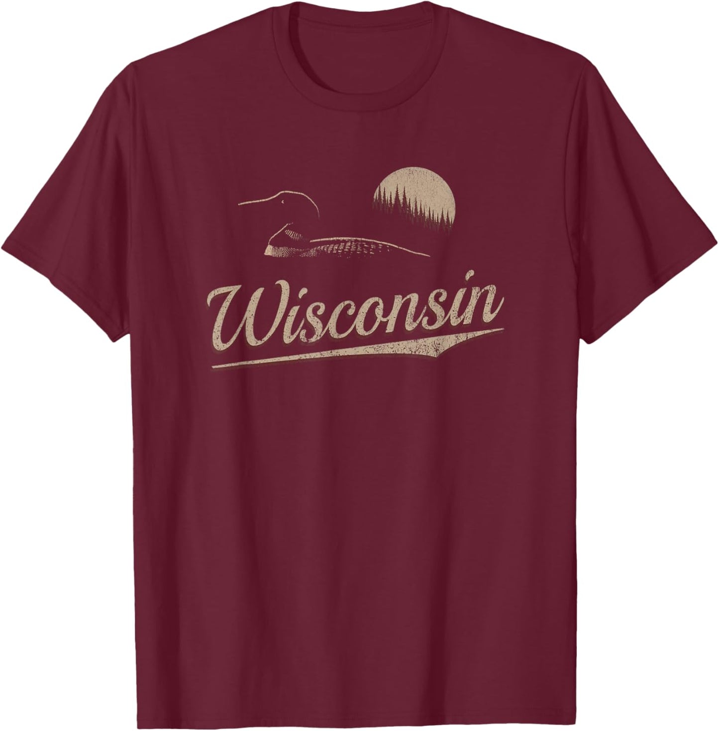 Wisconsin - Loon and Trees - Retro Wisconsin T-Shirt - T-Shirt | Maroon