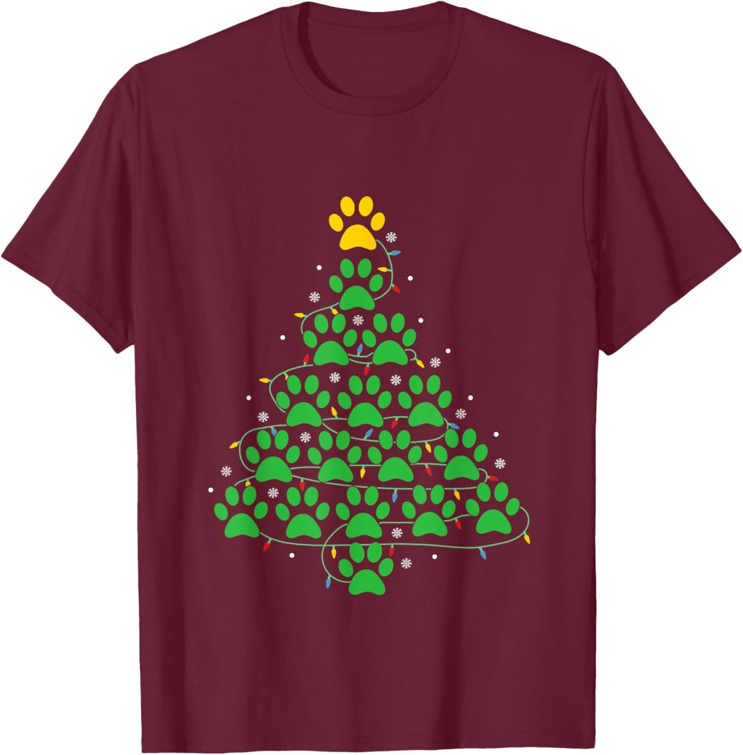 Dog Paw Christmas Design Lr -Adult Dog Paws Print Christmas Tree Lights Dog Lover T-Shirt - T-Shirt | Maroon