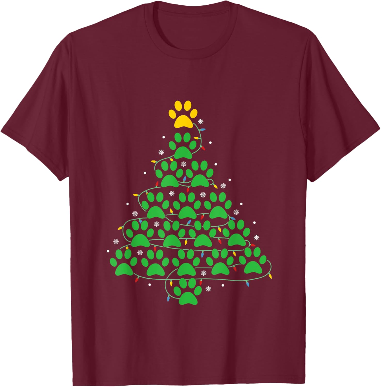 Dog Paw Christmas Design Lr -Adult Dog Paws Print Christmas Tree Lights Dog Lover T-Shirt - T-Shirt | Maroon