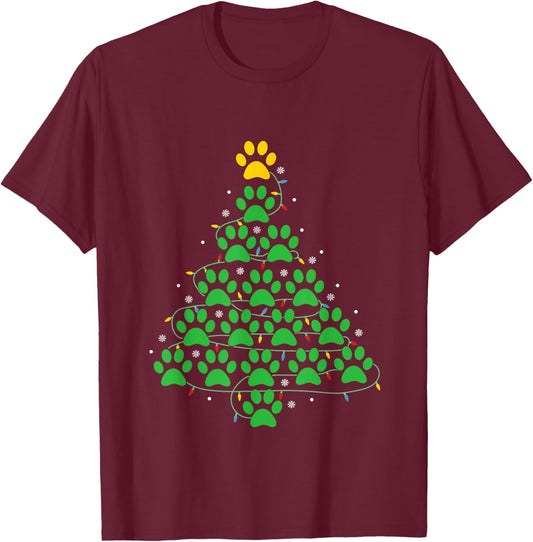 Dog Paw Christmas Design Lr -Adult Dog Paws Print Christmas Tree Lights Dog Lover T-Shirt - T-Shirt | Maroon