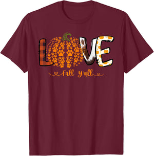 Love Fall Y'all Pumpkin Dog Paw Print Autumn Falling Women Kids T-Shirt - T-Shirt | Maroon