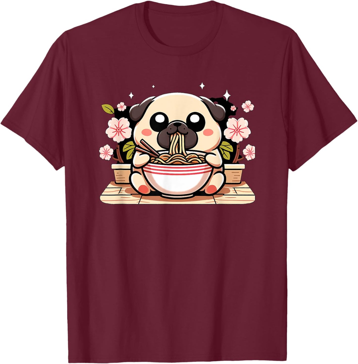 Kawaii Chug dog Eating Ramen T-Shirt - T-Shirt | Maroon