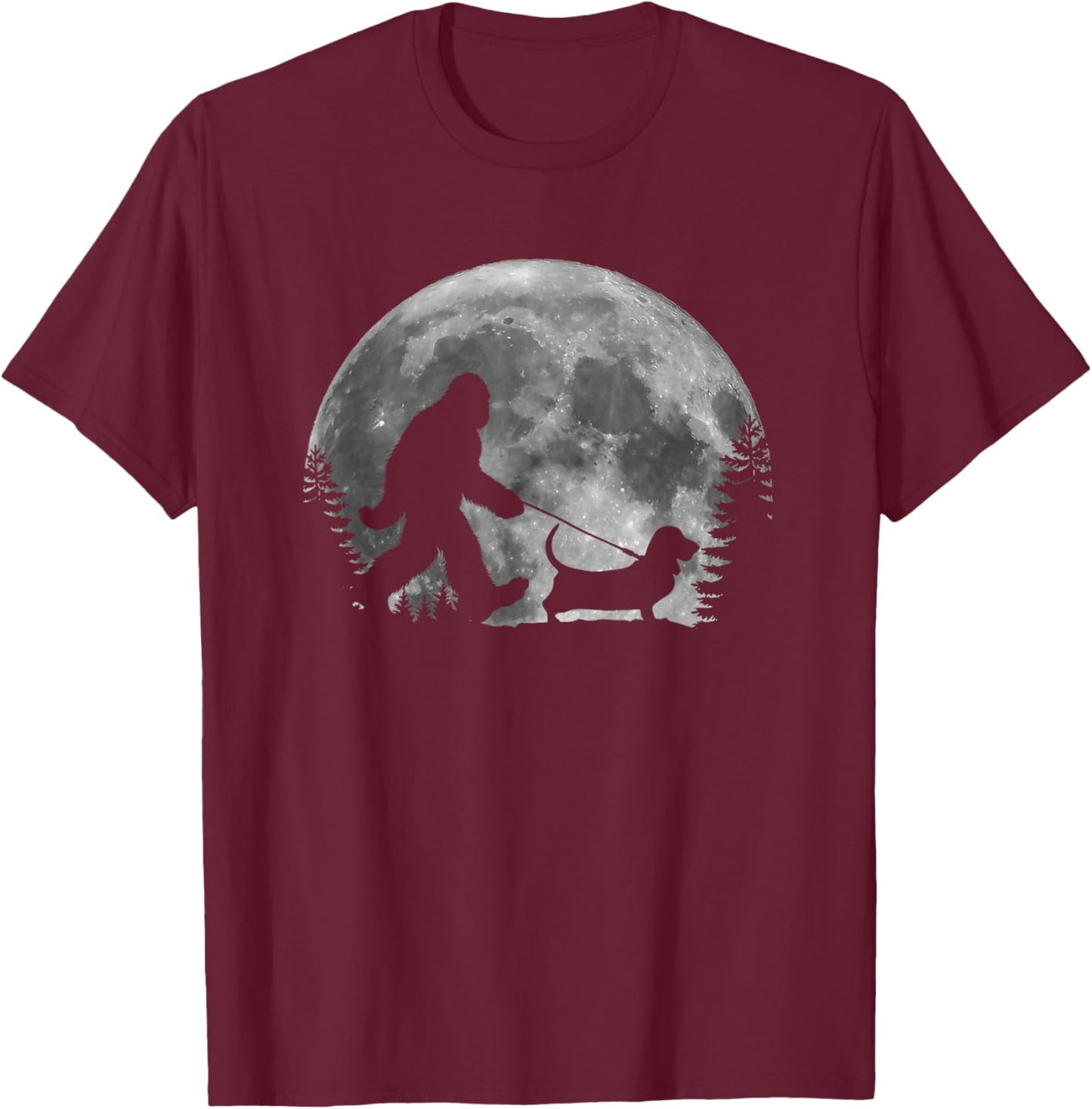 Bigfoot Walking a Dog Funny Basset Hound Moon Halloween Women Kids T-Shirt - T-Shirt | Maroon