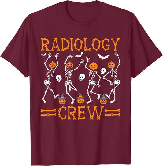 Radiology Crew Dancing Skeleton Pumpkin Funny Halloween T-Shirt - T-Shirt | Maroon