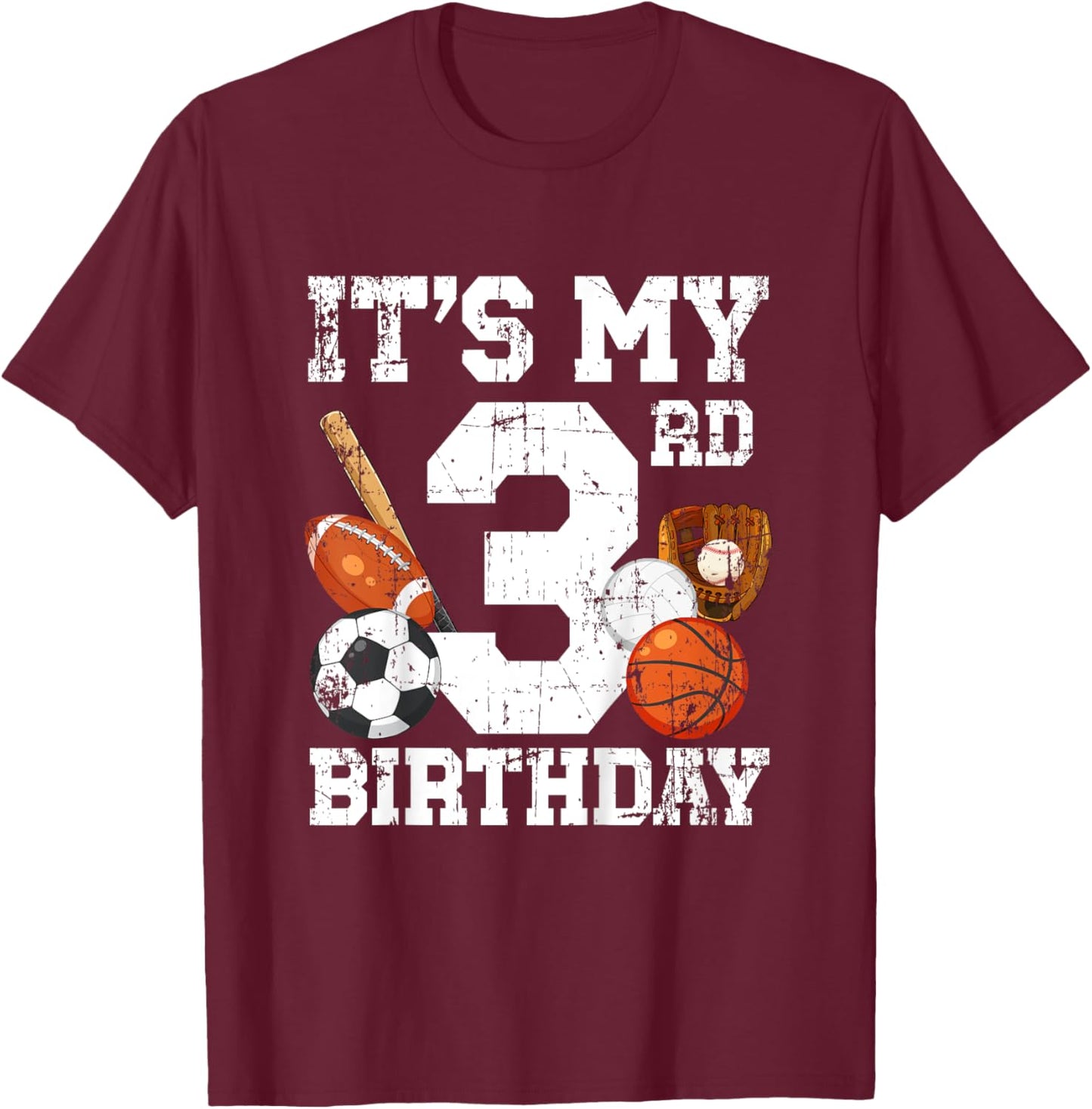 Kids 3rd Birthday Sports Birthday Party Three Year Old Boy Bday T-Shirt - T-Shirt | Maroon