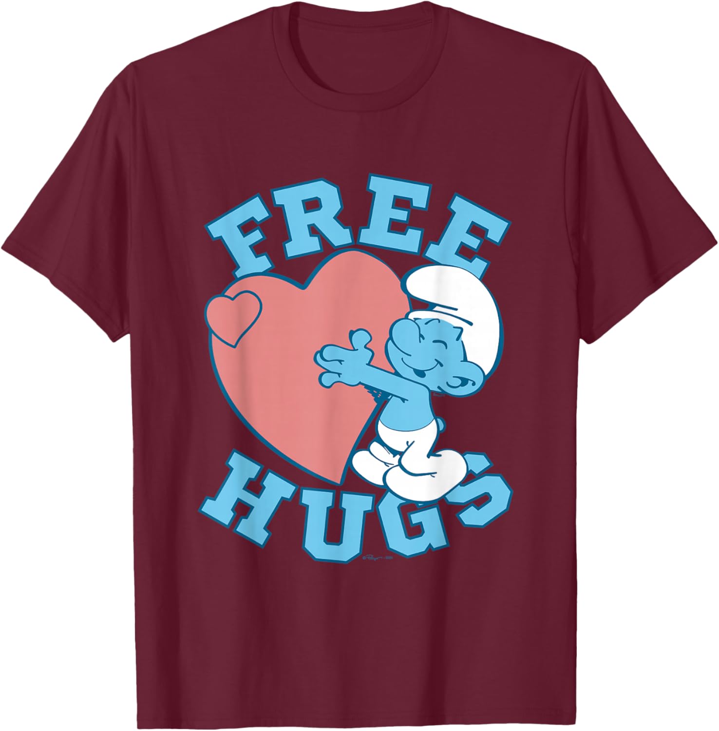 The Smurfs Valentine's Day Cute Smurf Free Hugs Chest Logo T-Shirt - T-Shirt | Maroon