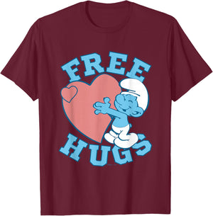The Smurfs Valentine's Day Cute Smurf Free Hugs Chest Logo T-Shirt - T-Shirt | Maroon